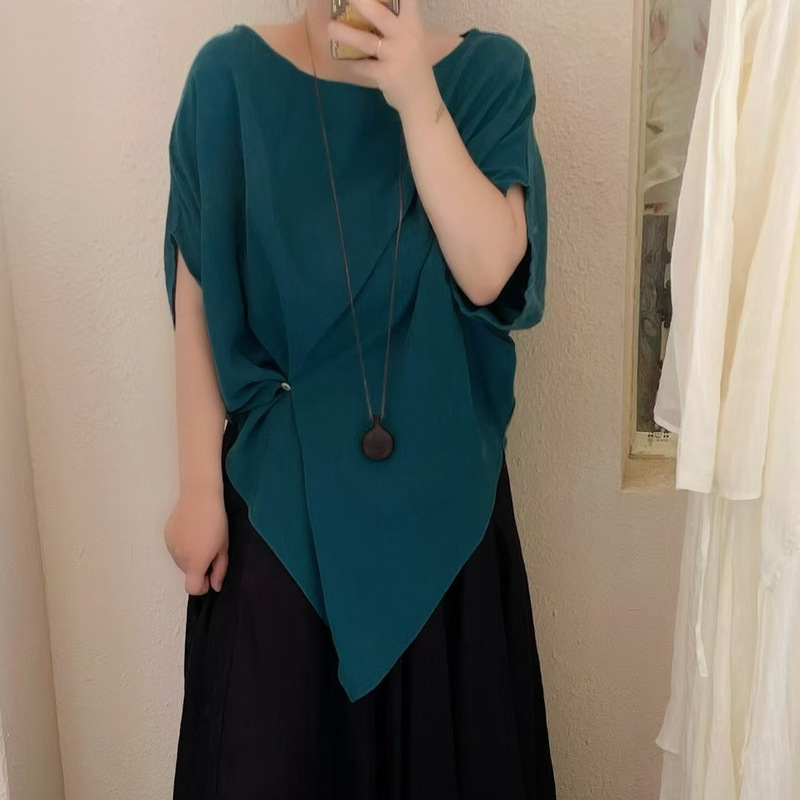 2025 Summer Loose Plus Size Irregular Buttoned Batwing Sleeve Tencel Linen Shirt Women's Top