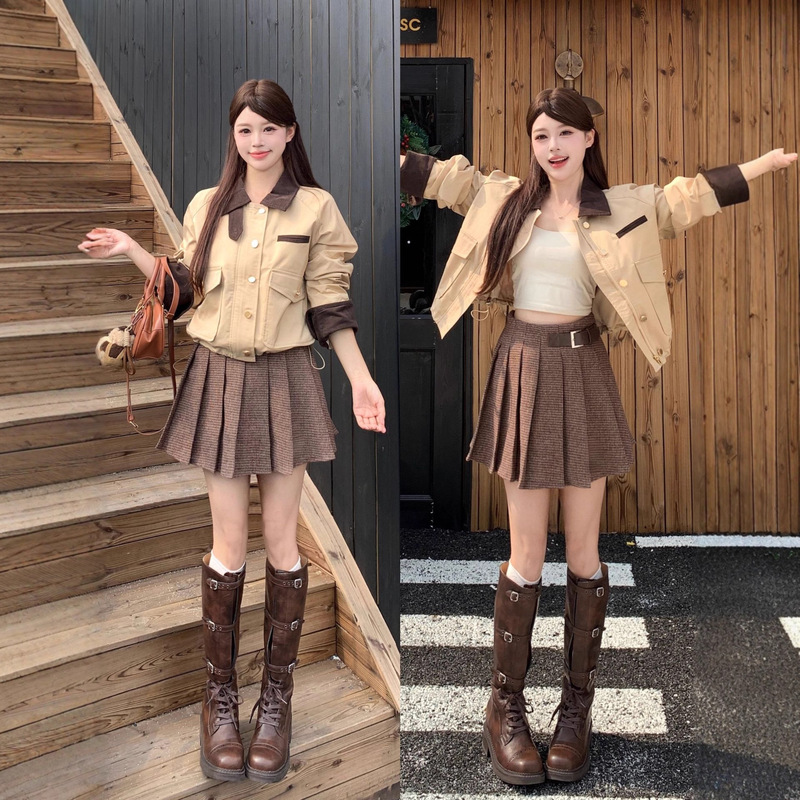 2025 Plus Size Same Style Retro Contrast Color Lapel Long-Sleeved Jacket High Waist Pleated Skirt Women's Fashion Suit