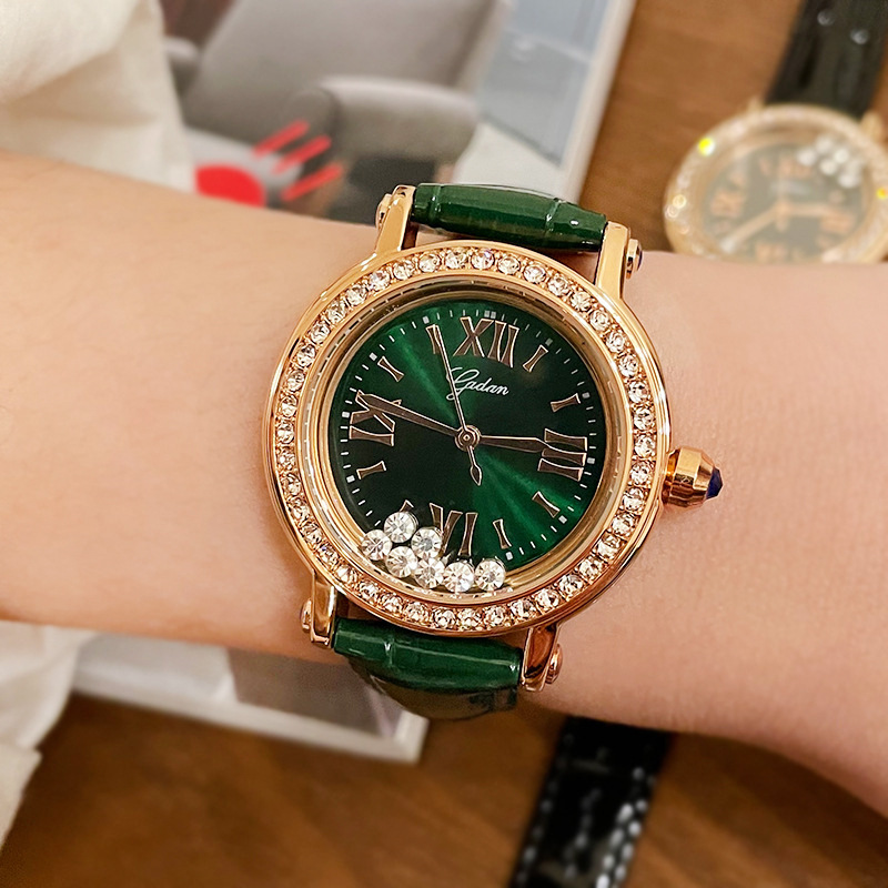 Yadan Damen-Armbanduhr Rolling 7 Happy Diamond Green, Echtlederarmband, wasserdicht, High-End-Mode, exquisite Damenuhr_voghion.com