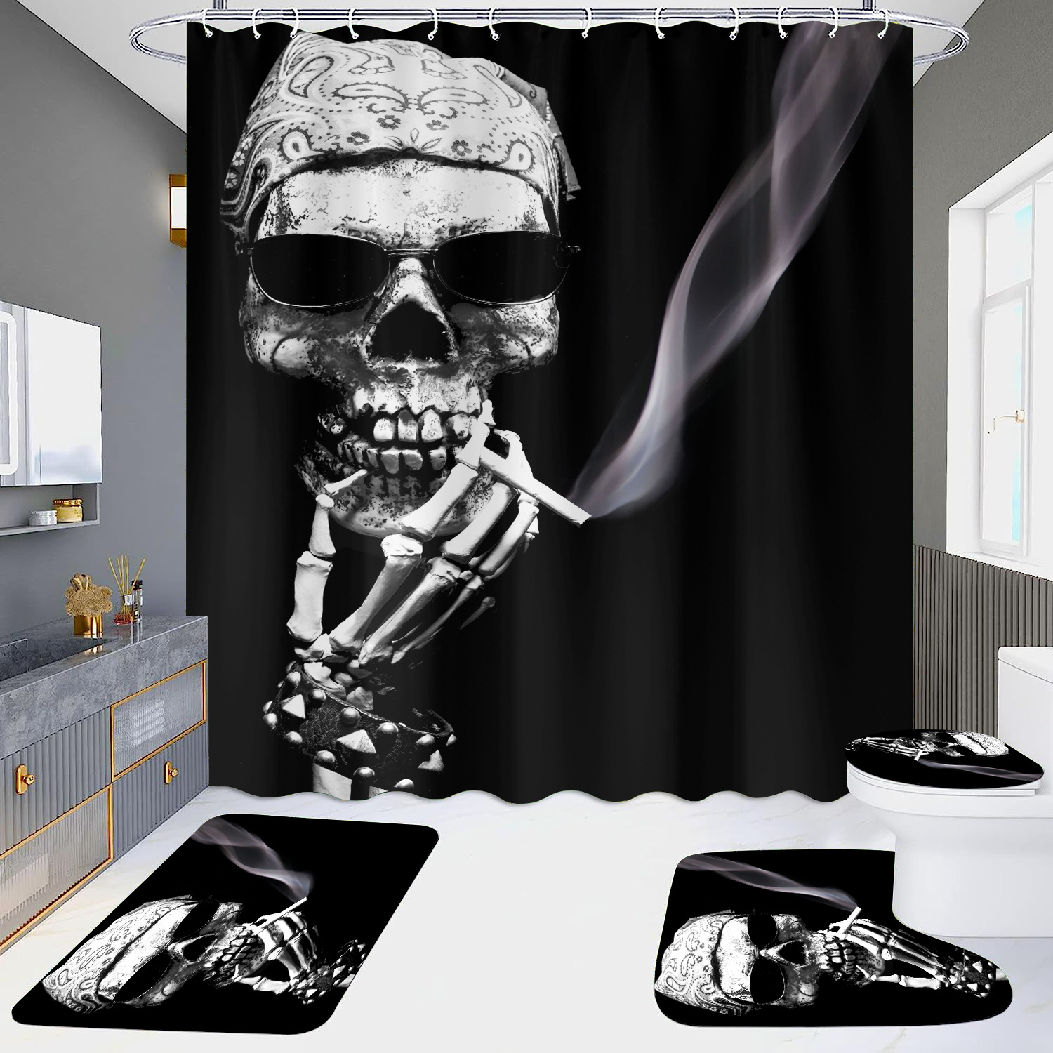 Cortina de ducha de suministro directo transfronterizo conjunto de cuatro piezas hd impermeable sin perforaciones baño hotel baño partición cortina wansheng cráneo