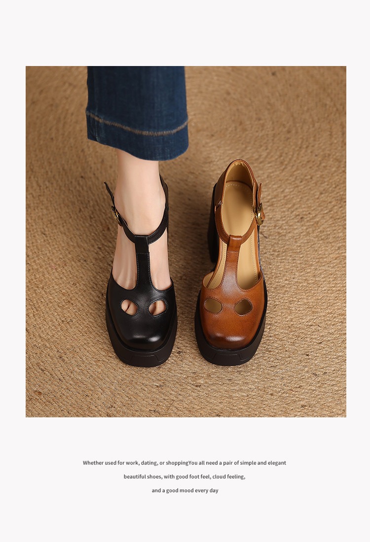 Sandal nữ đế xuồng platform gót vuông phong cách vintage khóa kim loại — màu nâu, màu đen chi tiết 3