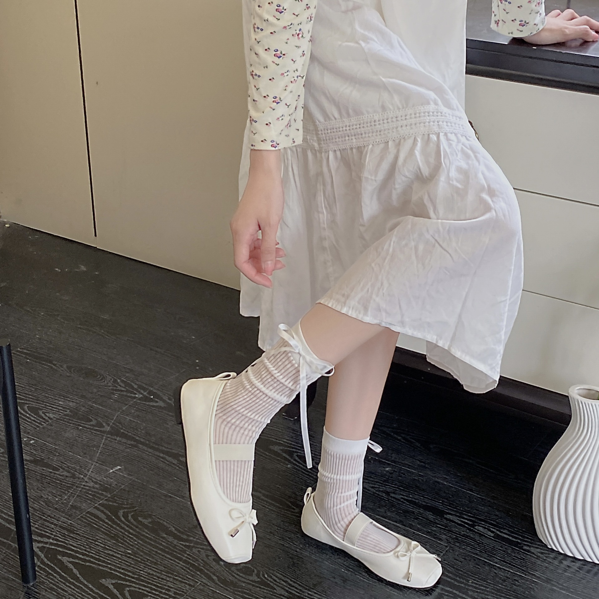 春夏新品無骨襪側面飄帶蝴蝶結絲帶豎條薄款透氣中筒堆堆襪子女