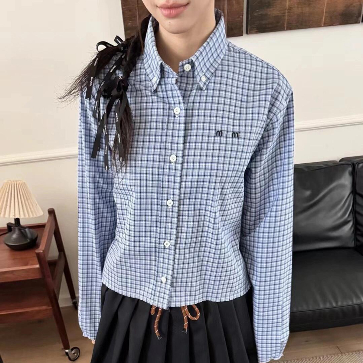 Mm Light Blue Plaid Short Lapel Women's Shirt Embroidered Letter Logo2025 Simple Trendy Brand Cardigan Jacket