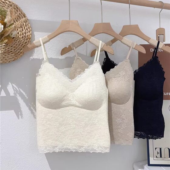 French Style Lace Sling with Chest Pad Women's Inner Wear Scrub Seamless Sling Sling Beautiful Back Vest Outer Wear Vest with Chest Pad Women