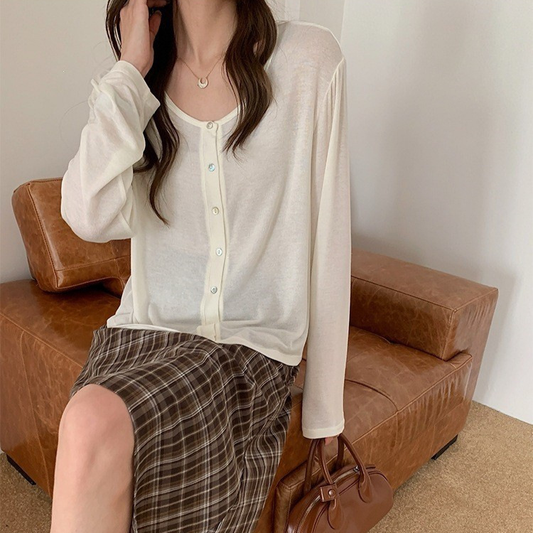 *High-Quality* Acetate Linen Knit Cardigan for Women, Tencel Simple Skin-Friendly Button-Up Top, Textured Thin Style, Sun Protection *High-Quality* Acetate Linen Knit Cardigan for Women, Tencel Simple Skin-Friendly Button-Up Top, Textured Thin Style, Sun Protection