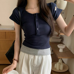 夏季短袖t恤女短款緊身甜辣妹純欲撞色拼接假兩件美式上衣洋氣潮