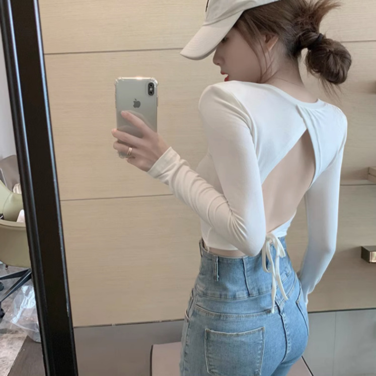 Pure Wish Backless Strap Short Navel Long-sleeved T-shirt Women's Chic Design Sweet Cool Spice Girls Tight Sexy Top