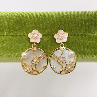 New Chinese Style Natural Freshwater Pearl Earrings Women's High-end National Style Baked Paint Peach Blossom Pearl Earrings S925 Sterling Silver Needle