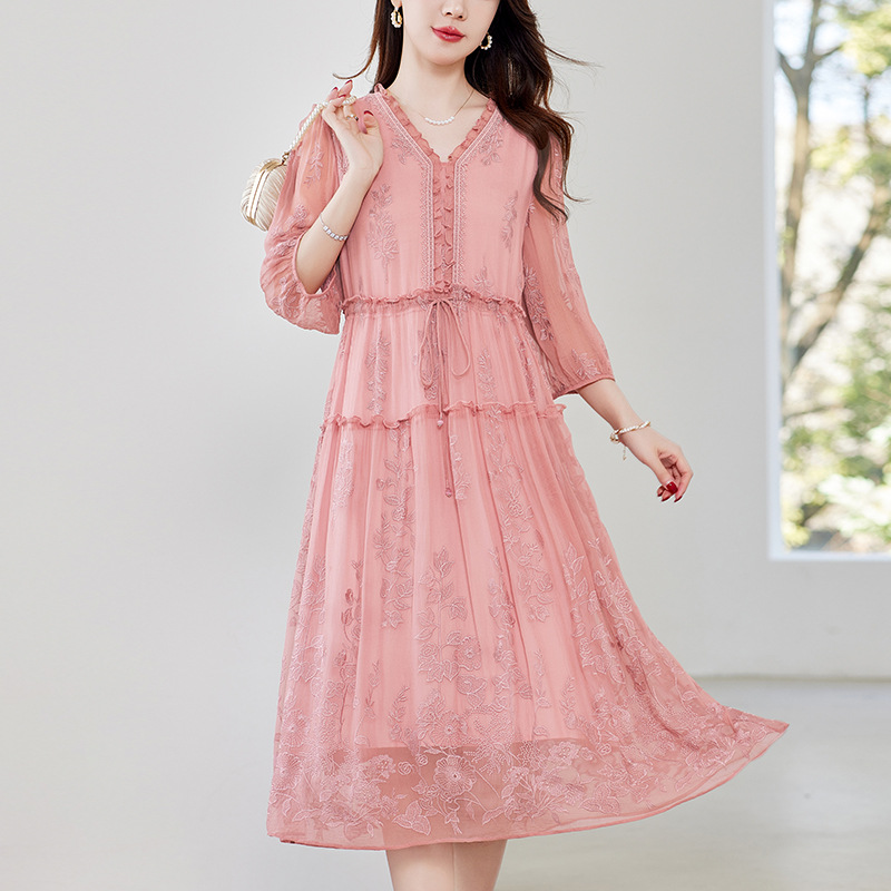 Source Factory Heavy-Duty Silk Embroidered Dress Women's High-End Age-Reducing Mother's Mid-Length Skirt 82496918