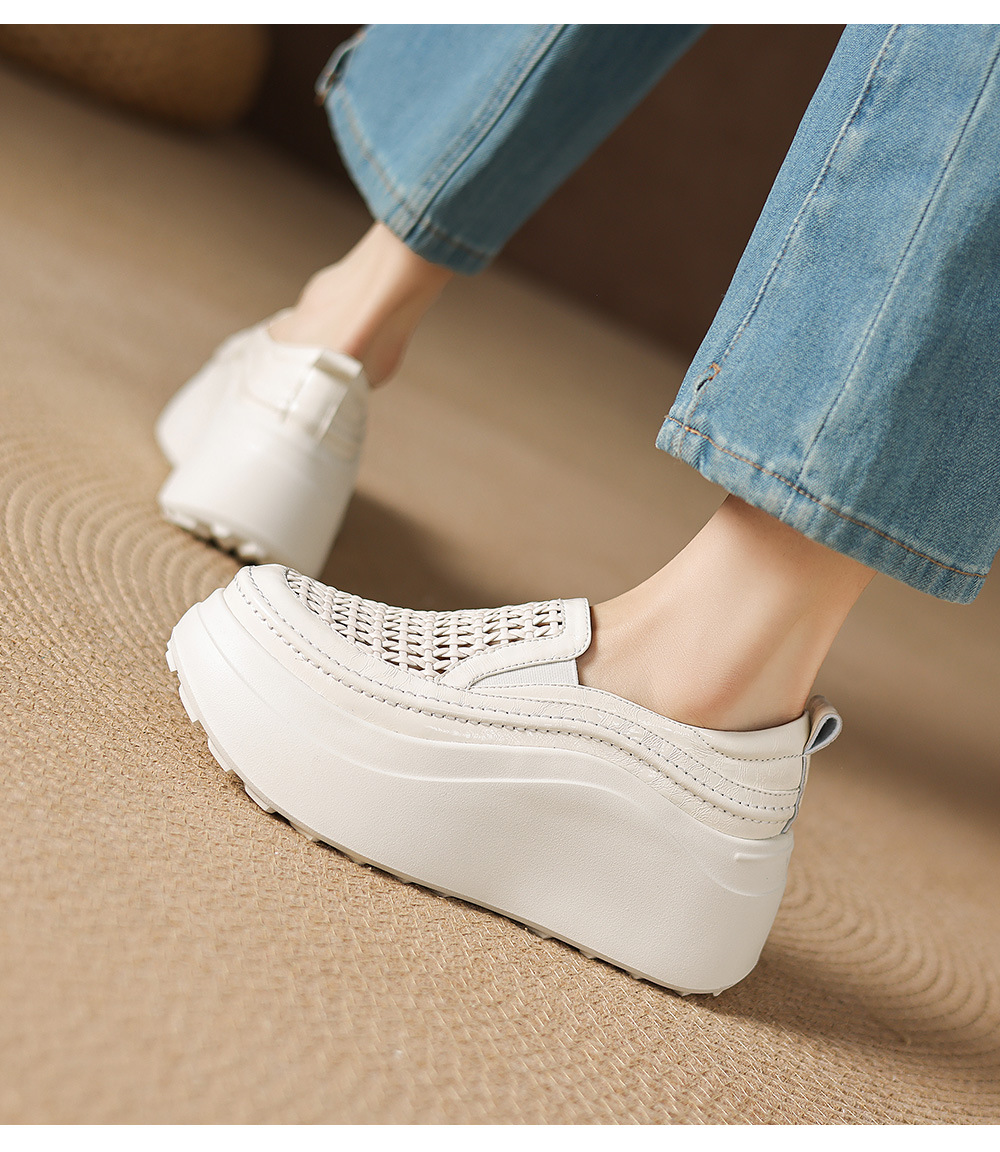 Giày sandal cao gót nữ hở mũi đế dày da thật mũi tròn phong cách lười — màu đen, màu trắng ngà chi tiết 12