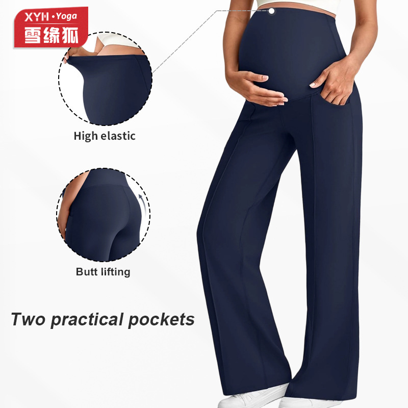 European and American style maternity pants with pockets for women, wearable as outerwear, support the belly without constricting it, wide-leg, high-waisted, highly elastic, breathable, straight-leg maternity pants