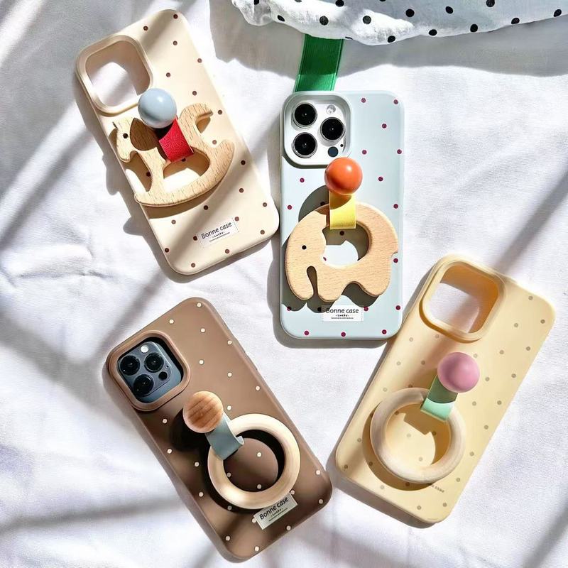 Cartoon Rocking Horse Elephant Wood Ring Bracket for iPhone16promax Apple 15 Phone Case 14