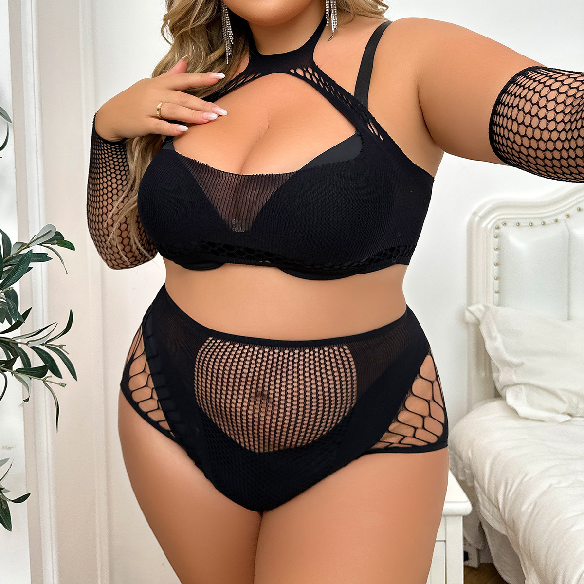 Sexy and Alluring Plus-Size Mesh Flight Attendant Halter-Neck Tight-Fitting Hollow-Out Bra Seductive Two-Piece Set Cross-Border Wholesale Teasing