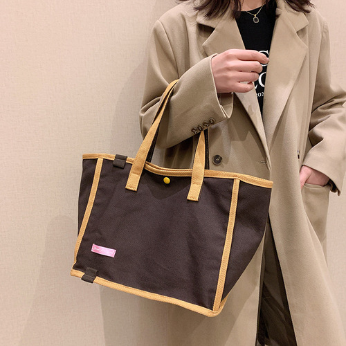 Fashion trendy brand same contrast color canvas bag women's handbag Korean ins literary canvas shopping bag shoulder bag
