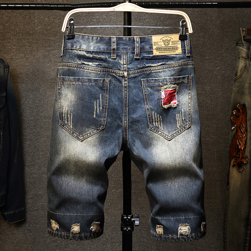Pantaloncini in denim da uomo con fori strappati, 5/4 p, vestibilità slim oversize versatile da uomo alla moda, pantaloncini in denim 5/5, mendicanti_voghion.com