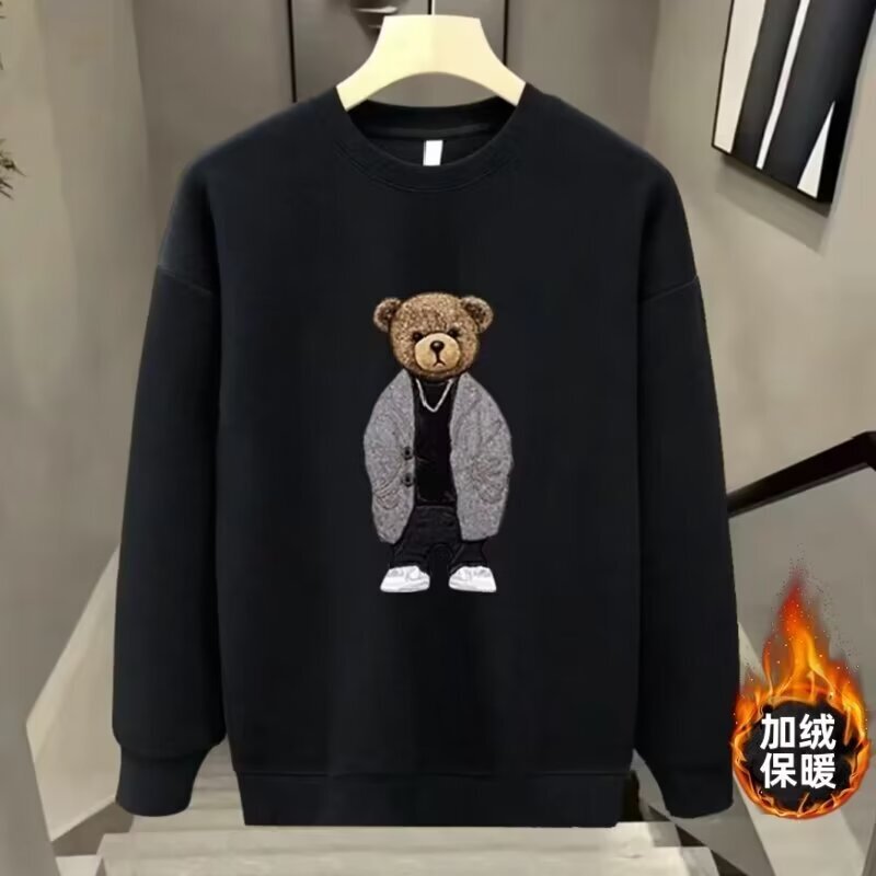 Winter 2024 American Teddy Bear Printed fleece-lined Sweatshirt Men's Crewneck Pullover Hong Kong Style Trendy All-match Top Loose