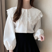 衬衫女长袖春装新款韩版百搭灯笼袖娃娃领白衬衫女白色