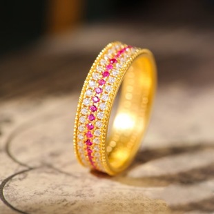18K Gold Three-Row Star Ruby ​​Ring Au750 Color Gold Moissanite European and American High-End Jewelry Water Shell Factory