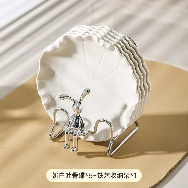 荷叶陶瓷吐骨碟轻奢小吃盘甜品盘干果盘高颜值小碟子带收纳架套装|undefined