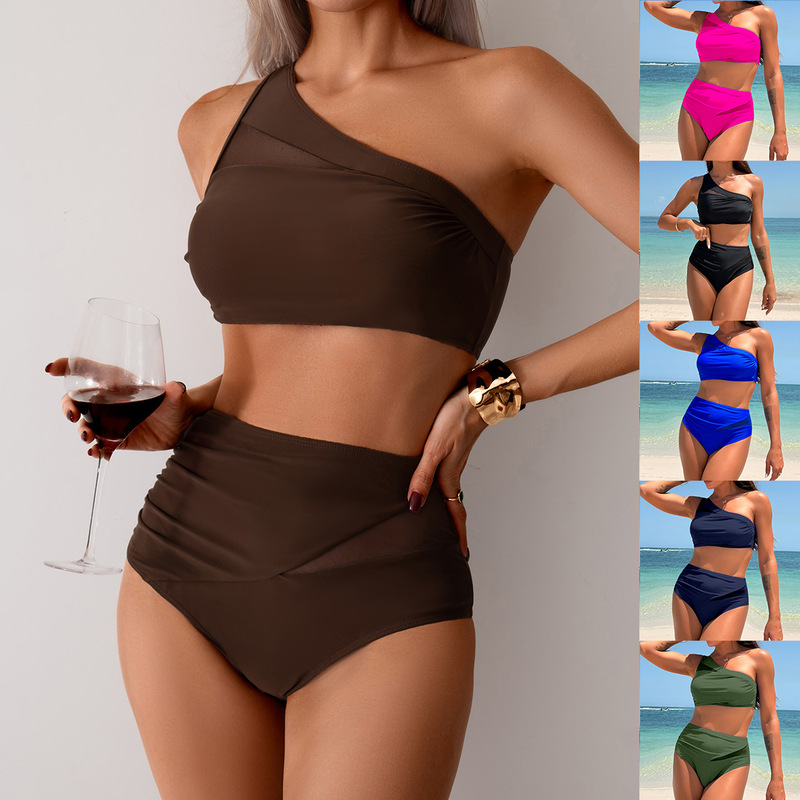 2025 new one-shoulder swimsuit women's European and American cross-border quick-drying split sexy bikini swimsuit bikini wholesale
