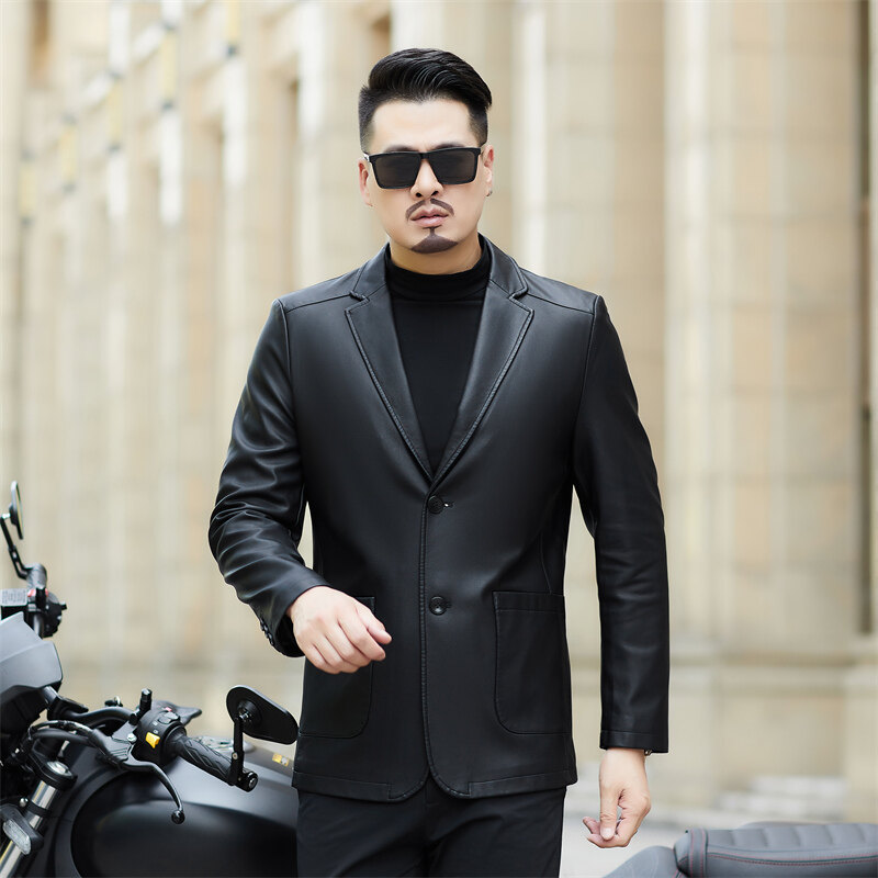 海宁男士皮西装春秋新款时尚休闲中年PU皮西服爸爸装皮夹克衫外套