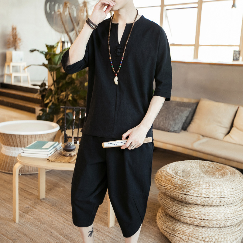 Traje de estilo chino 2022 nuevos hombres de manga tres cuartos traje de algodón y lino pantalones recortados con hebilla de disco traje casual de color sólido de moda