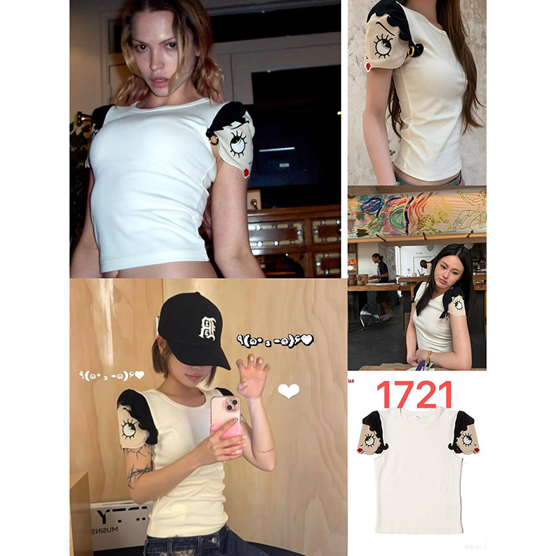 In Stock Now! Pra Betty Patch Embroidery 3D Eye Makeup Short-Sleeve T-Shirt for Women, Slim Fit, Flattering, Spicy Girl Style, White Short Version