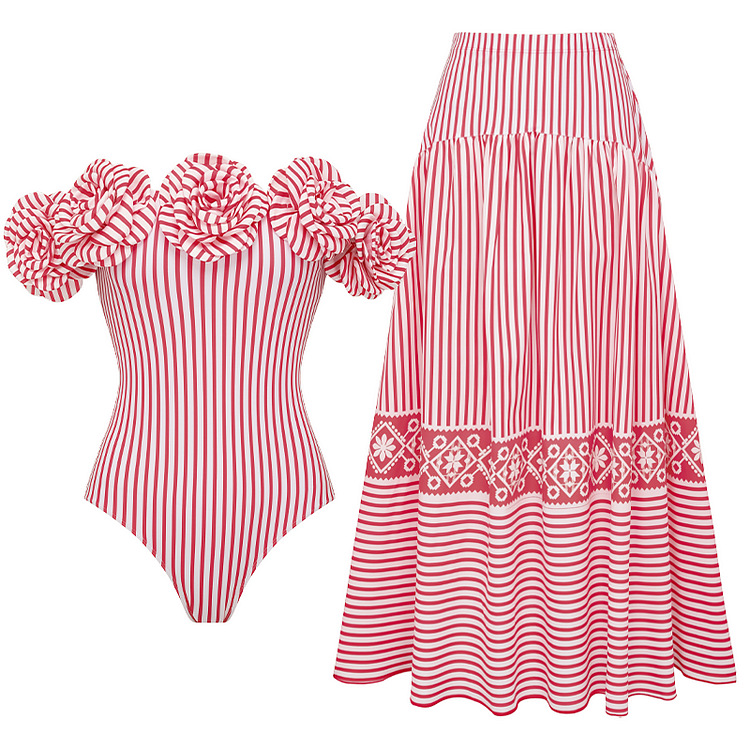 Damen Badeanzug Retro Mit Schleife Und Streifen Sowie Rüschen_voghion.com