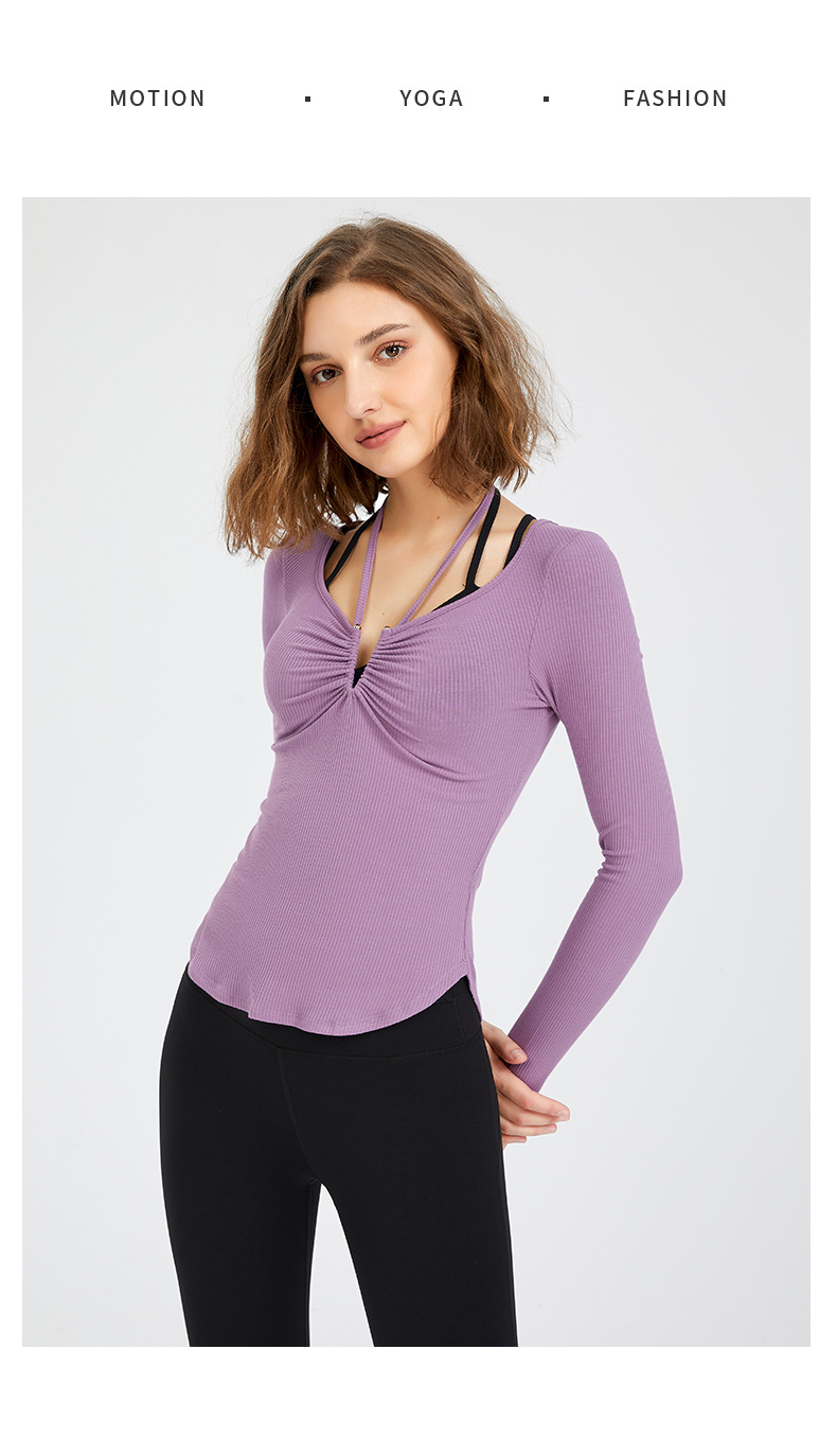 tight v-neck halterneck long-sleeved breathable fitness T-shirt nihaostyles wholesale clothing NSFAN85035