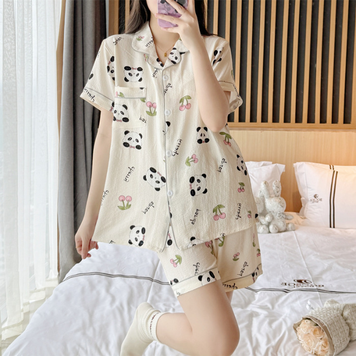 睡衣女夏季梭织泡泡棉皱布ins公主风可爱短袖夏天薄款家居服套装|undefined