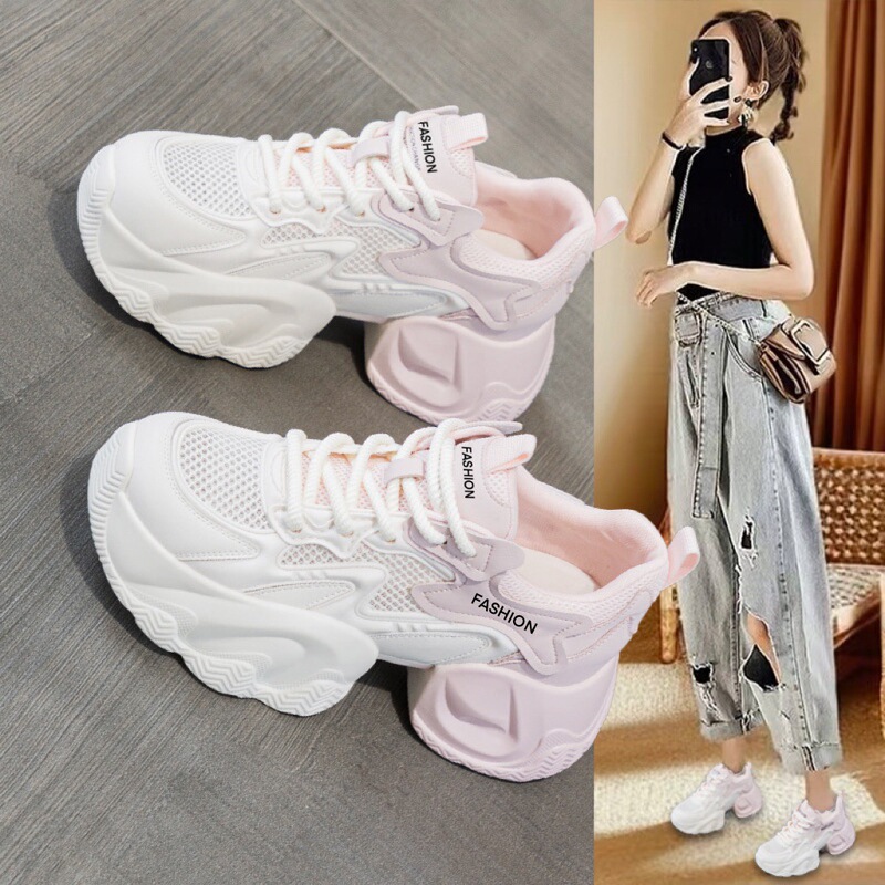 Thick-soled Torre Shoes Women's Shoes 2025 New Summer All-match Pink Mesh Breathable Casual Sports White Shoes for Women