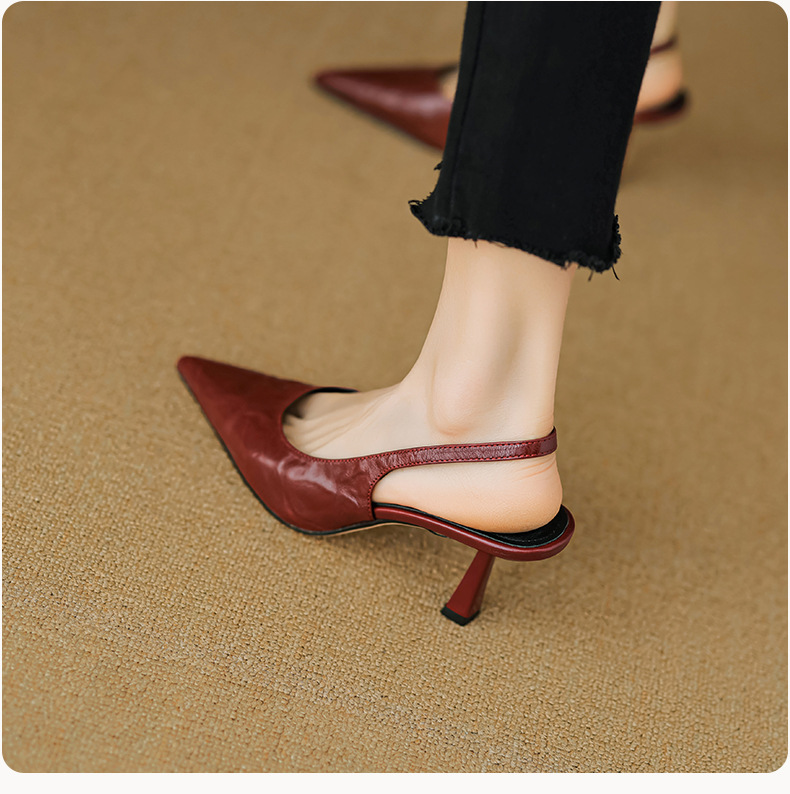 Sandal cao gót nữ mũi nhọn hở gót, da cừu, phong cách Hàn Quốc đơn giản — đen chi tiết 10