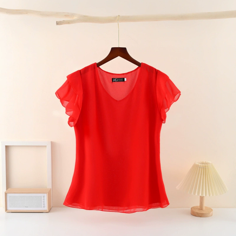 Шифоновая рубашка больших размеров с короткими рукавами, женские новые летние свободные и универсальные модные нишевые топы с воротником, закрывающие живот