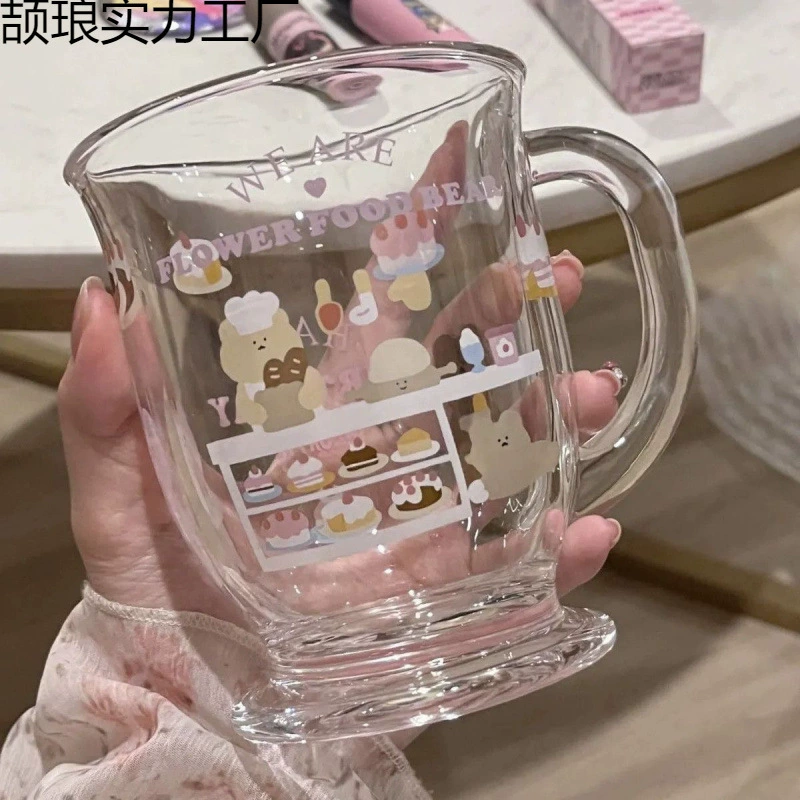 可爱小熊杯透明玻璃杯家用小众网红水杯卡通蛋糕杯早餐牛奶杯批发