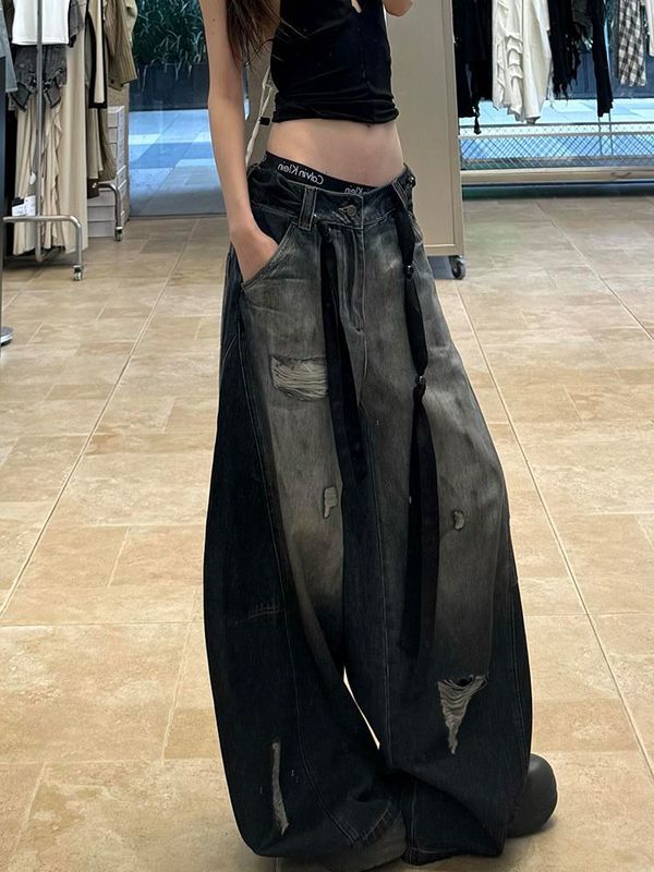 美式复古辣妹设计感做旧水洗牛仔裤子女2025夏破洞阔腿宽松拖地裤|undefined