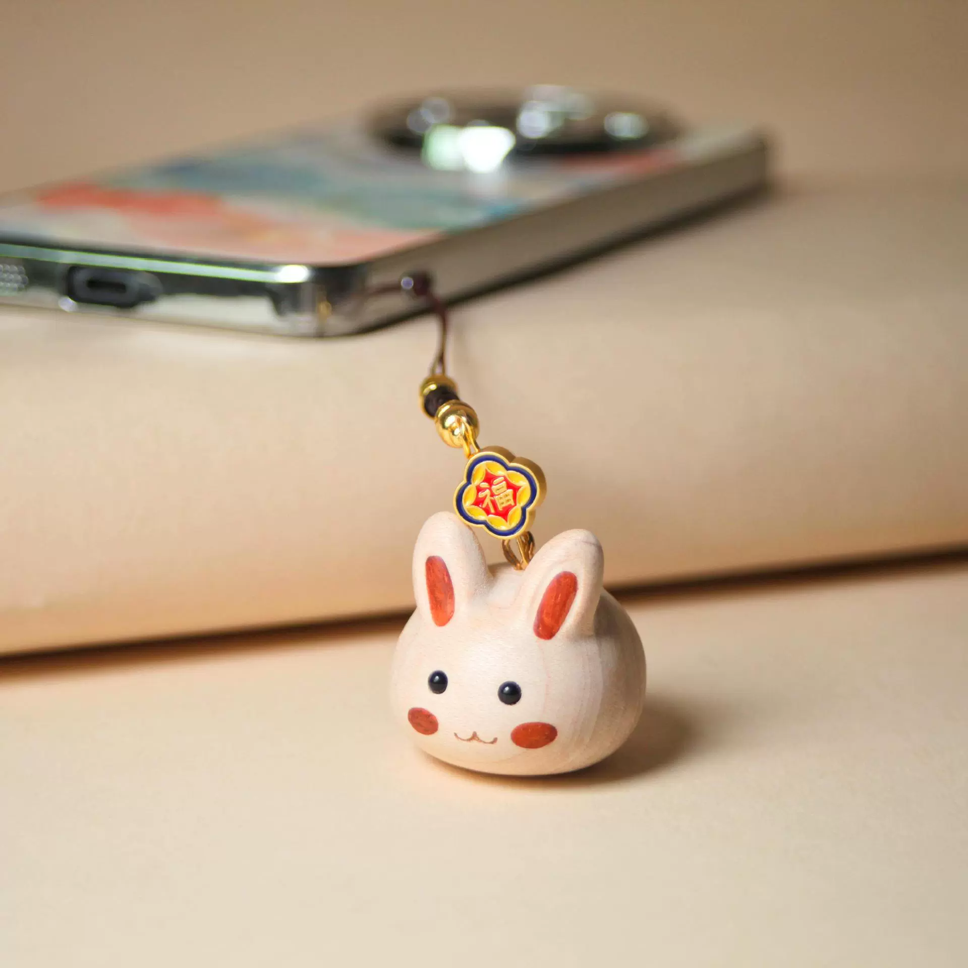 枫木拼接小兔手机链简约流行包包挂饰非遗文玩吊坠钥匙扣厂家批发