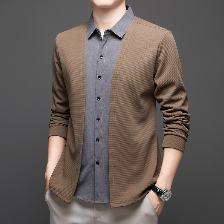 New one-sided men's fake two-piece shirt sweater cardigan casual business sweater sweater coat men's wholesale