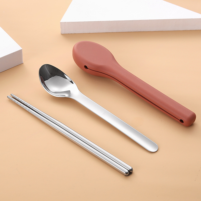 Outdoor Travel Stainless Steel Bento Utensil Set with Knife, Fork, and Spoon, Portable Silicone Student Utensil Set, Three-Piece Set