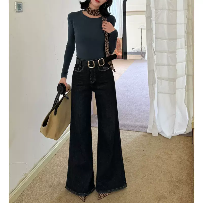 SALIN莎琳原创弹力高腰窄版显瘦不贴腿微喇叭牛仔裤女拖地裤