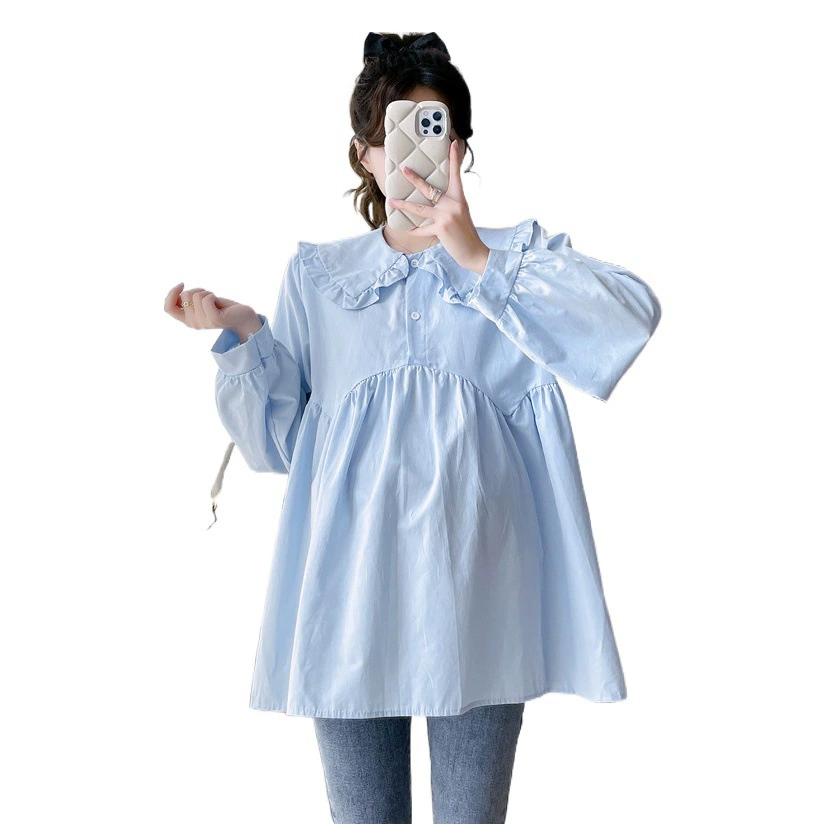 Настоящий выстрел 2023 Беременные женщины осень новый сладкий темперамент кукла воротник Свободный Топ