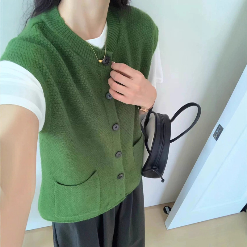 韩版简约针织马甲女秋冬新款宽松气质口袋背心外搭无袖毛衣开衫|undefined