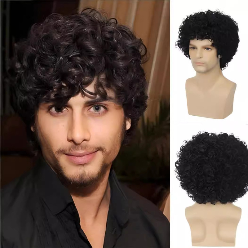 Cross-Border Foreign Trade Wig European and American Men's Short Curly Hair African Small Curly Hair Rose Mesh Chemical Fiber High Temperature Silk Wig Full Headgear Cross-Border Foreign Trade Wig European and American Men's Short Curly Hair African Small Curly Hair Rose Mesh Chemical Fiber High Temperature Silk Wig Full Headgear