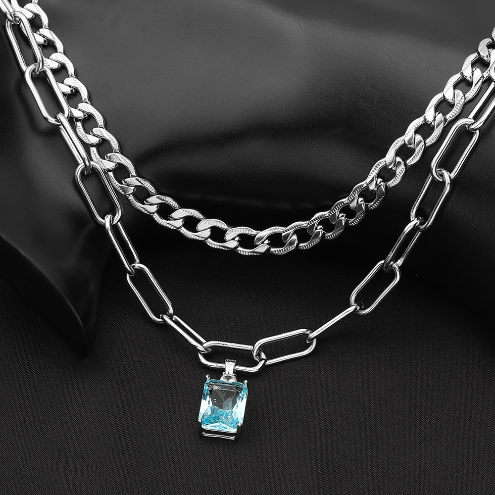 Double Layer Men's Necklace With Blue Zircon Titanium Steel_voghion.com