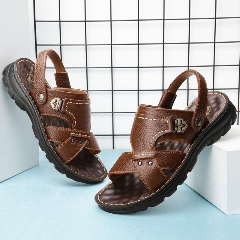 Dép sandal nam da bò lớp đầu hở ngón quai hậu thoáng khí — 10498 màu đen, Màu nâu 10498