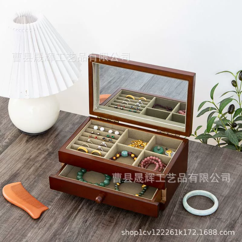 Retro storage system, antique storage box, necklace, ring, earrings, jewelry, wooden sophisticated accessory, light luxury style