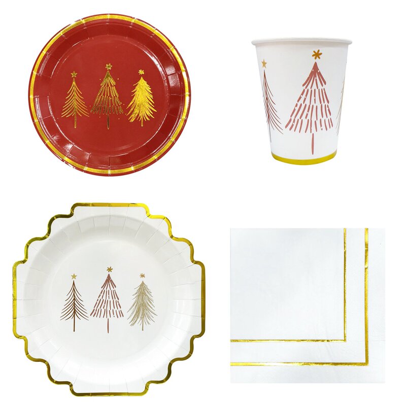 Disposable Christmas-themed paper plates, cups, and napkins set with gold-embossed Christmas tree pattern party tableware, gold edges Disposable Christmas-themed paper plates, cups, and napkins set with gold-embossed Christmas tree pattern party tableware, gold edges
