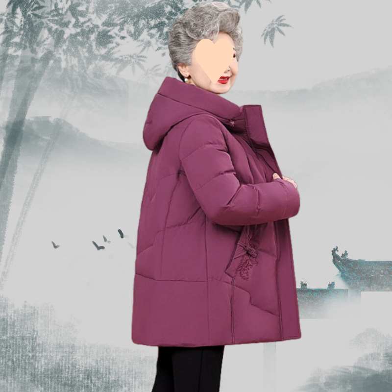 特羽绒服女中长款宽松休闲妈妈装纯色绣花连帽舒适加厚保暖衣服