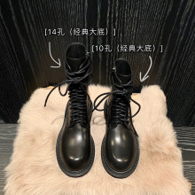 牛皮版~ann马丁靴女秋冬单靴真皮英伦风中筒靴子系带黑色厚底短靴