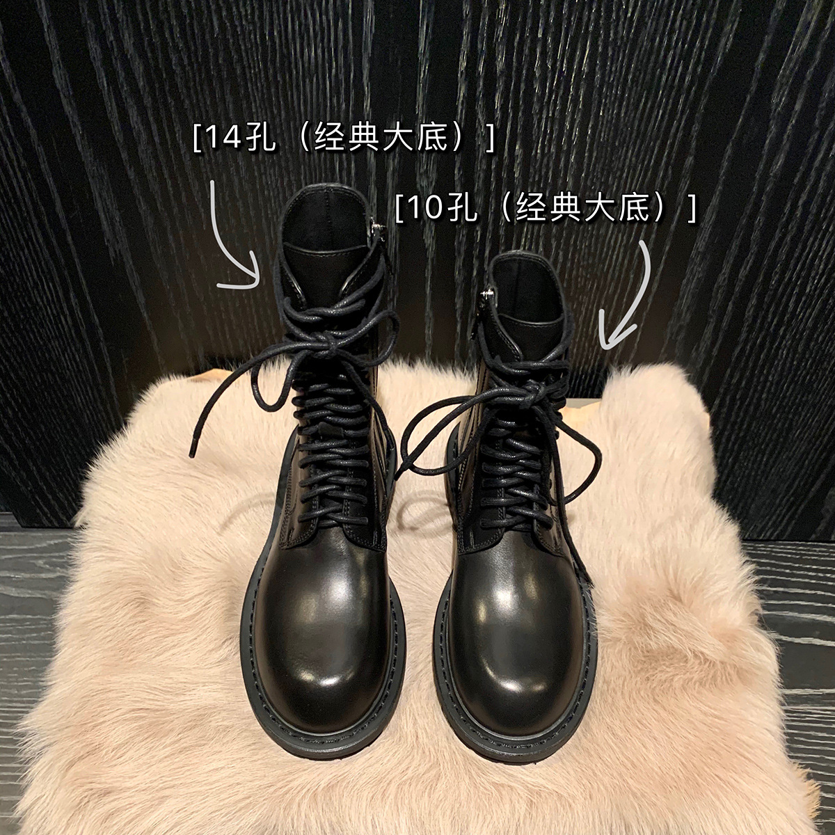 牛皮版~ann马丁靴女秋冬单靴真皮英伦风中筒靴子系带黑色厚底短靴