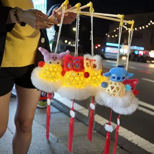 发光卡通防竹编灯笼手提可爱毛绒公仔玩偶灯笼儿童夜市古风花灯女